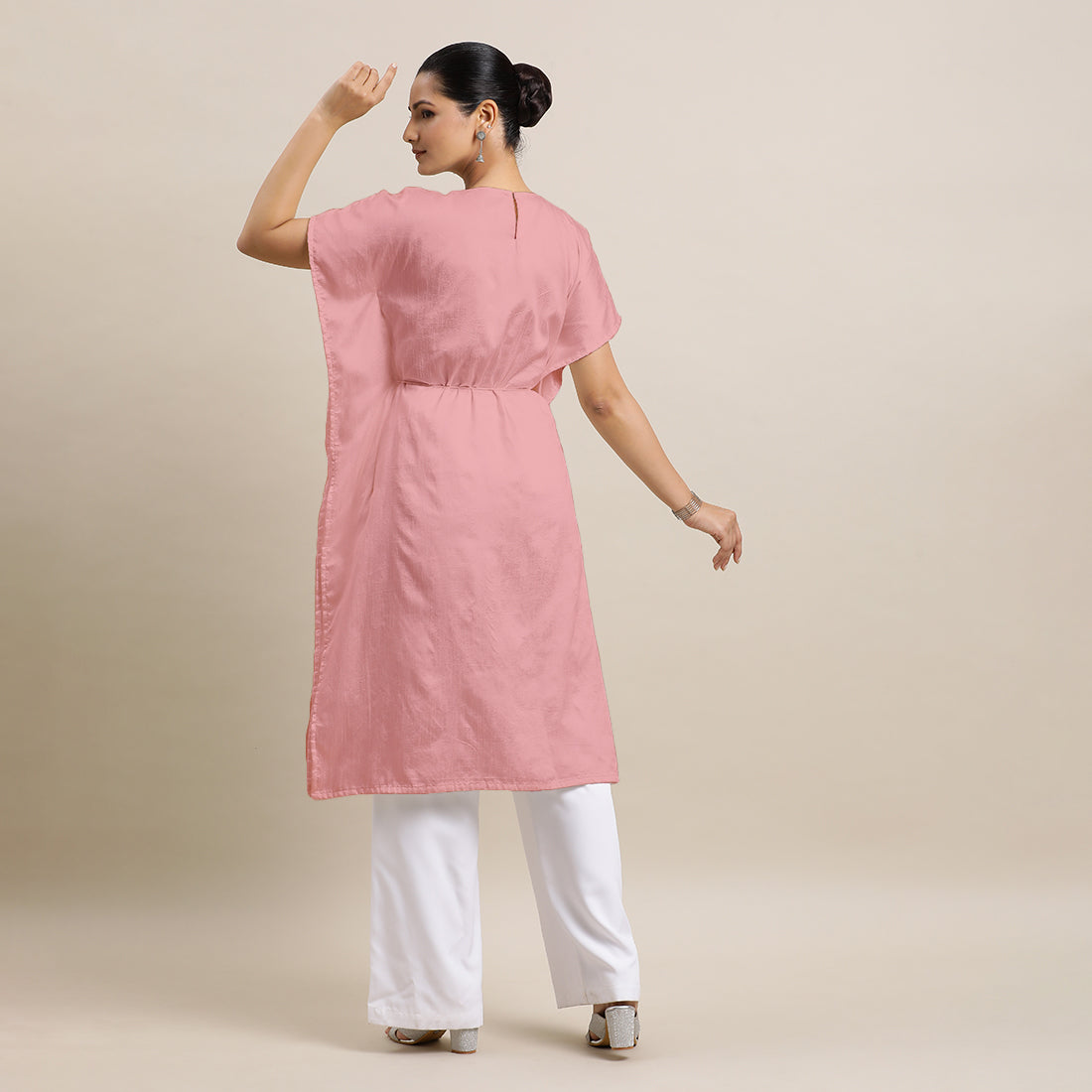 Siya x Rozaana Kurta, in Pink Viscose, featuring elbow sleeves and v-neckline, made for daily & work (view 5).