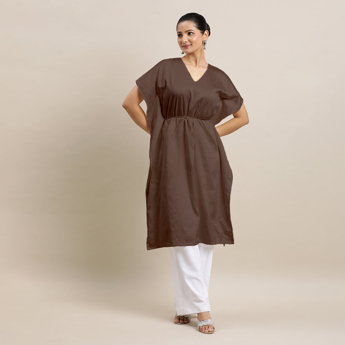 Siya x Rozaana Kurta, in Brown Viscose, featuring elbow sleeves and v-neckline, made for daily & work (view 4).