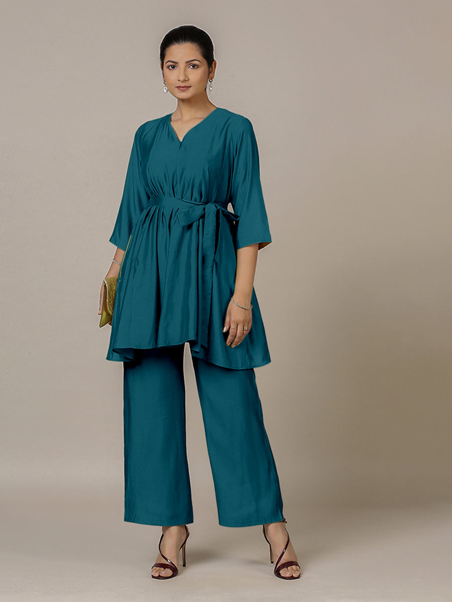 Tuhi x Rozaana Kurta, in Blue Viscose, featuring three quarter sleeves and v-neckline, made for daily & work.
