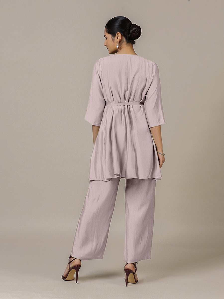 Tuhi x Rozaana Kurta, in Purple Viscose, featuring three quarter sleeves and v-neckline, made for daily & work (view 2).
