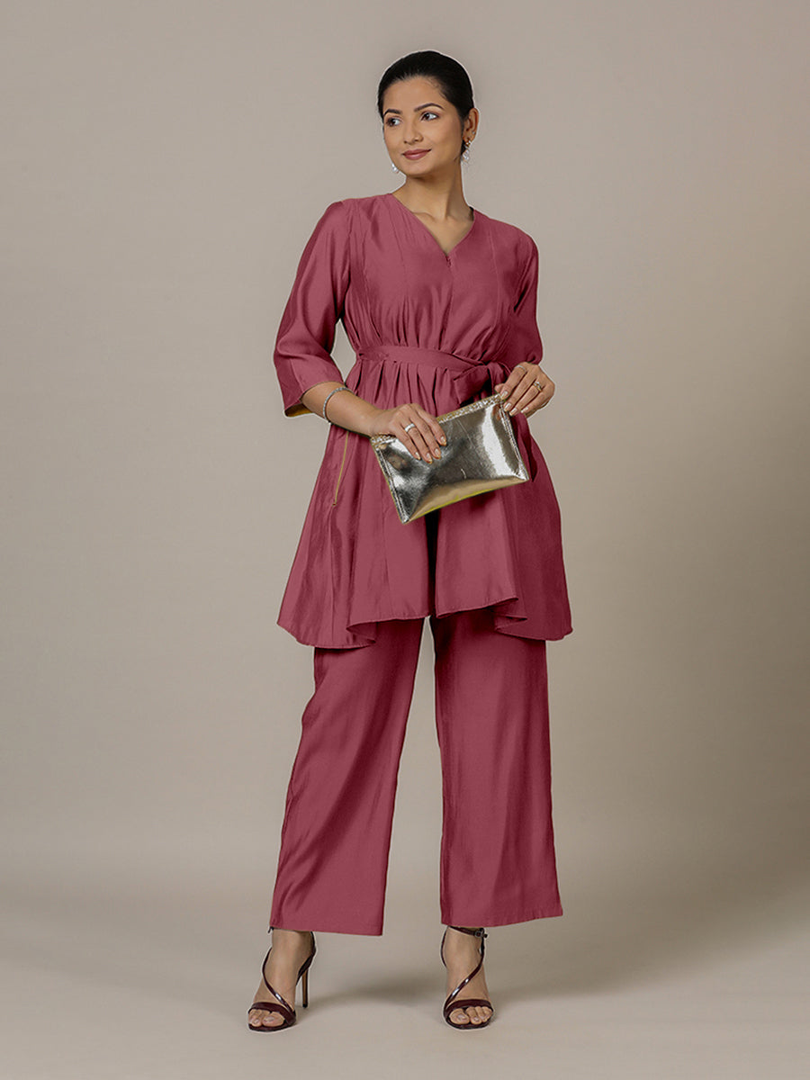 Tuhi x Rozaana Kurta, in Pink Viscose, featuring three quarter sleeves and v-neckline, made for daily & work (view 6).