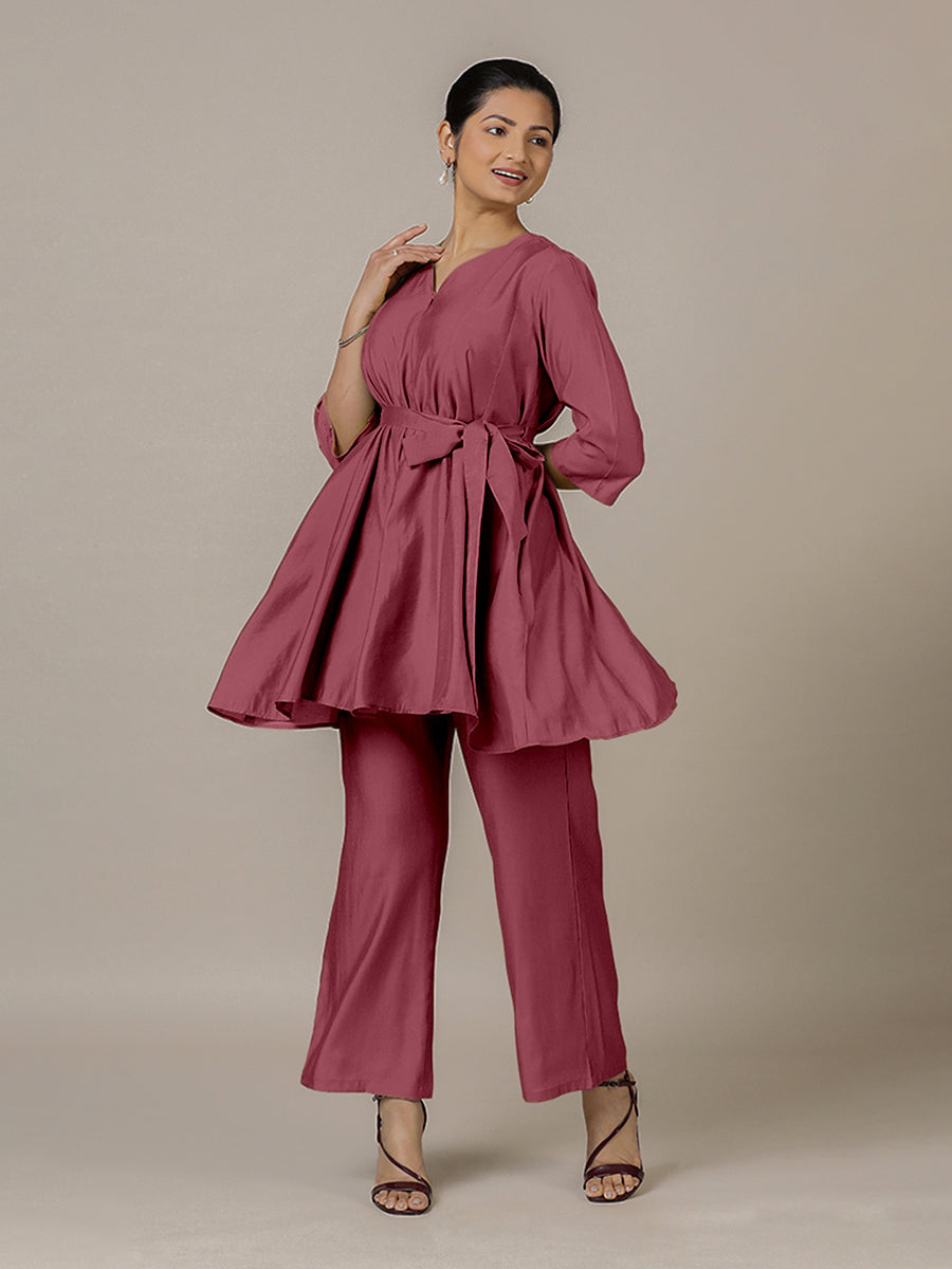 Tuhi x Rozaana Kurta, in Pink Viscose, featuring three quarter sleeves and v-neckline, made for daily & work (view 7).