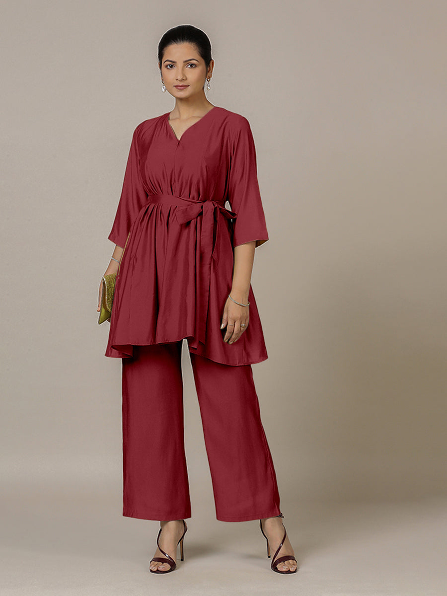 Tuhi x Rozaana Kurta, in Red Viscose, featuring three quarter sleeves and v-neckline, made for daily & work.