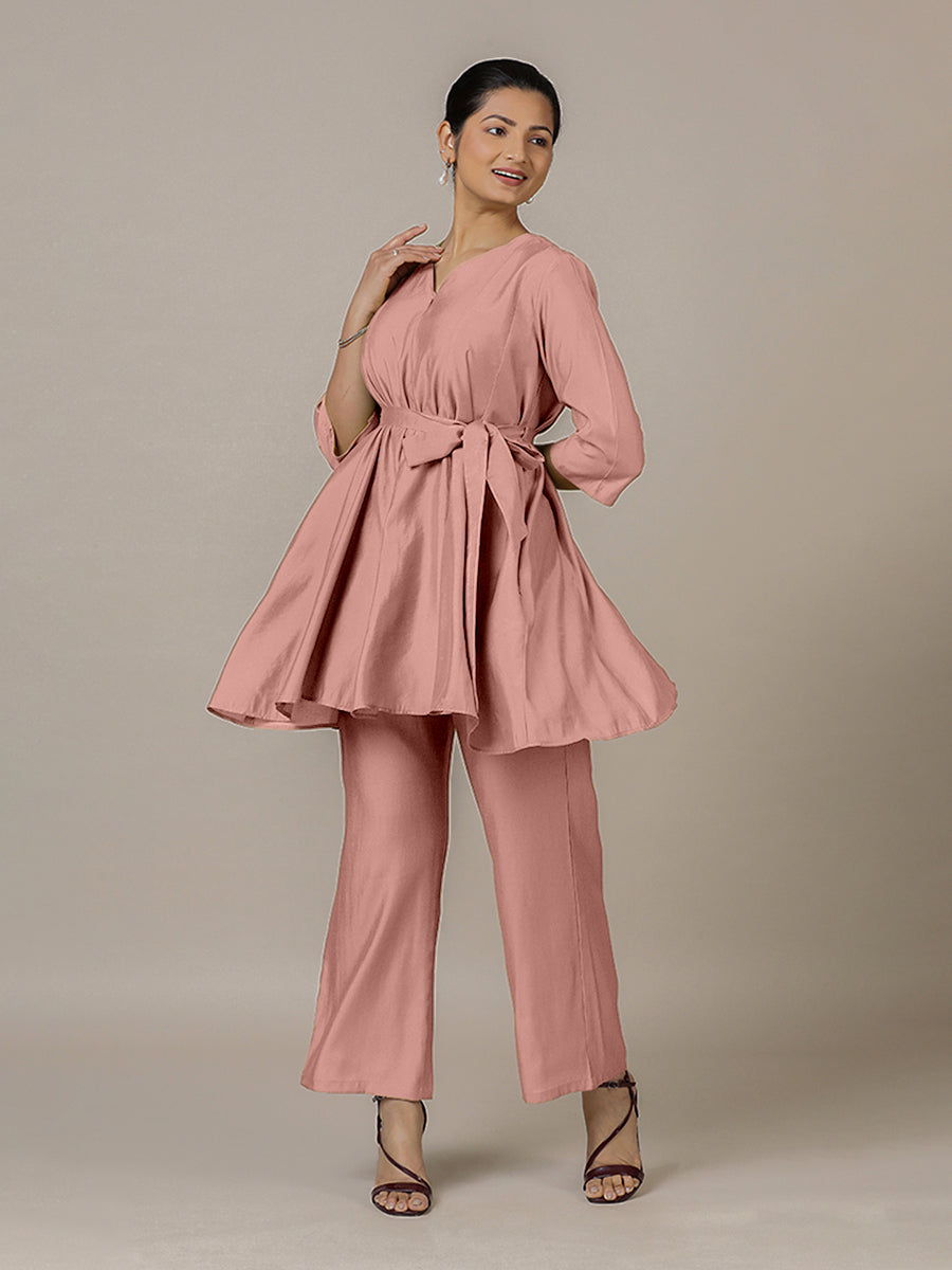 Tuhi x Rozaana Kurta, in Pink Viscose, featuring three quarter sleeves and v-neckline, made for daily & work (view 7).