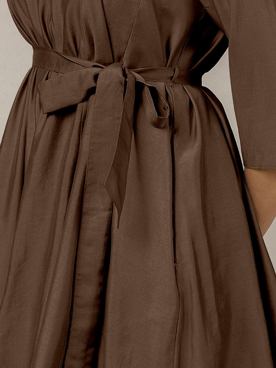 Tuhi x Rozaana Kurta, in Brown Viscose, featuring three quarter sleeves and v-neckline, made for daily & work (view 4).