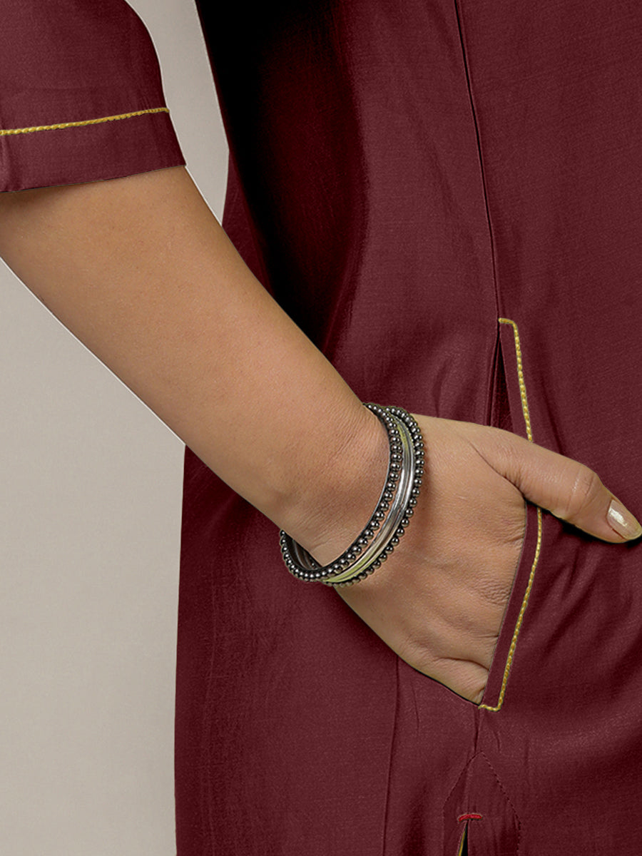Urvi x Rozaana Kurta, in Maroon Viscose, featuring three quarter sleeves and round neckline, made for daily & work (view 4).