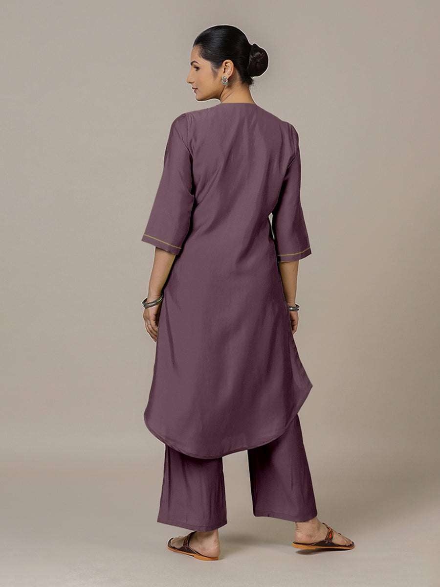 Urvi x Rozaana Kurta, in Purple Viscose, featuring three quarter sleeves and round neckline, made for daily & work (view 2).