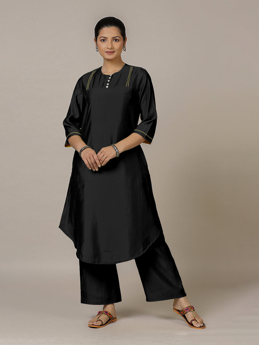 Urvi x Rozaana Kurta, in Black Viscose, featuring three quarter sleeves and round neckline, made for daily & work.
