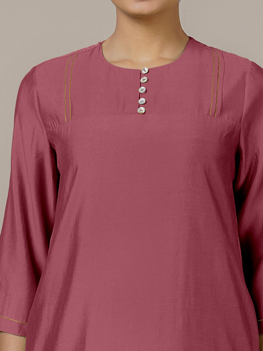 Urvi x Rozaana Kurta, in Pink Viscose, featuring three quarter sleeves and round neckline, made for daily & work (view 3).
