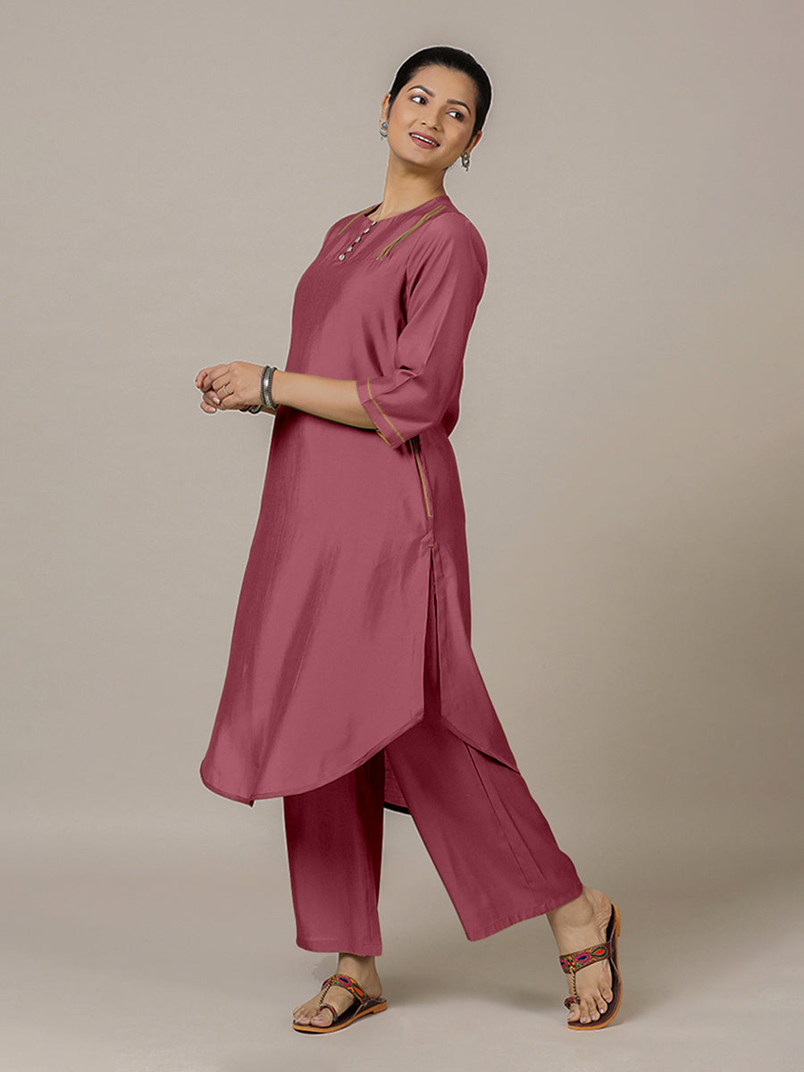 Urvi x Rozaana Kurta, in Pink Viscose, featuring three quarter sleeves and round neckline, made for daily & work (view 5).