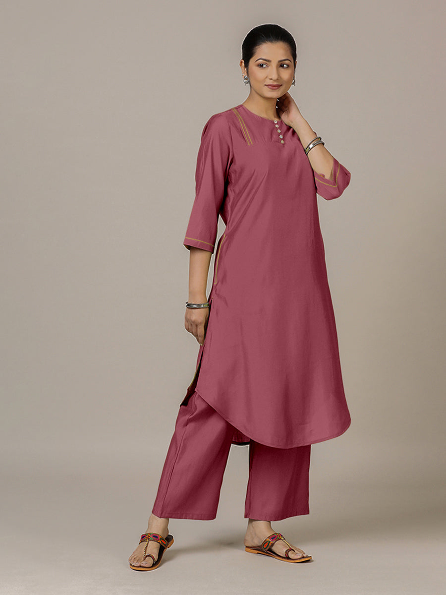 Urvi x Rozaana Kurta, in Pink Viscose, featuring three quarter sleeves and round neckline, made for daily & work (view 6).
