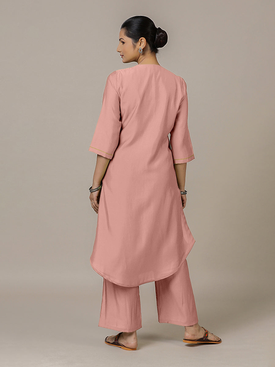 Urvi x Rozaana Kurta, in Pink Viscose, featuring three quarter sleeves and round neckline, made for daily & work (view 2).