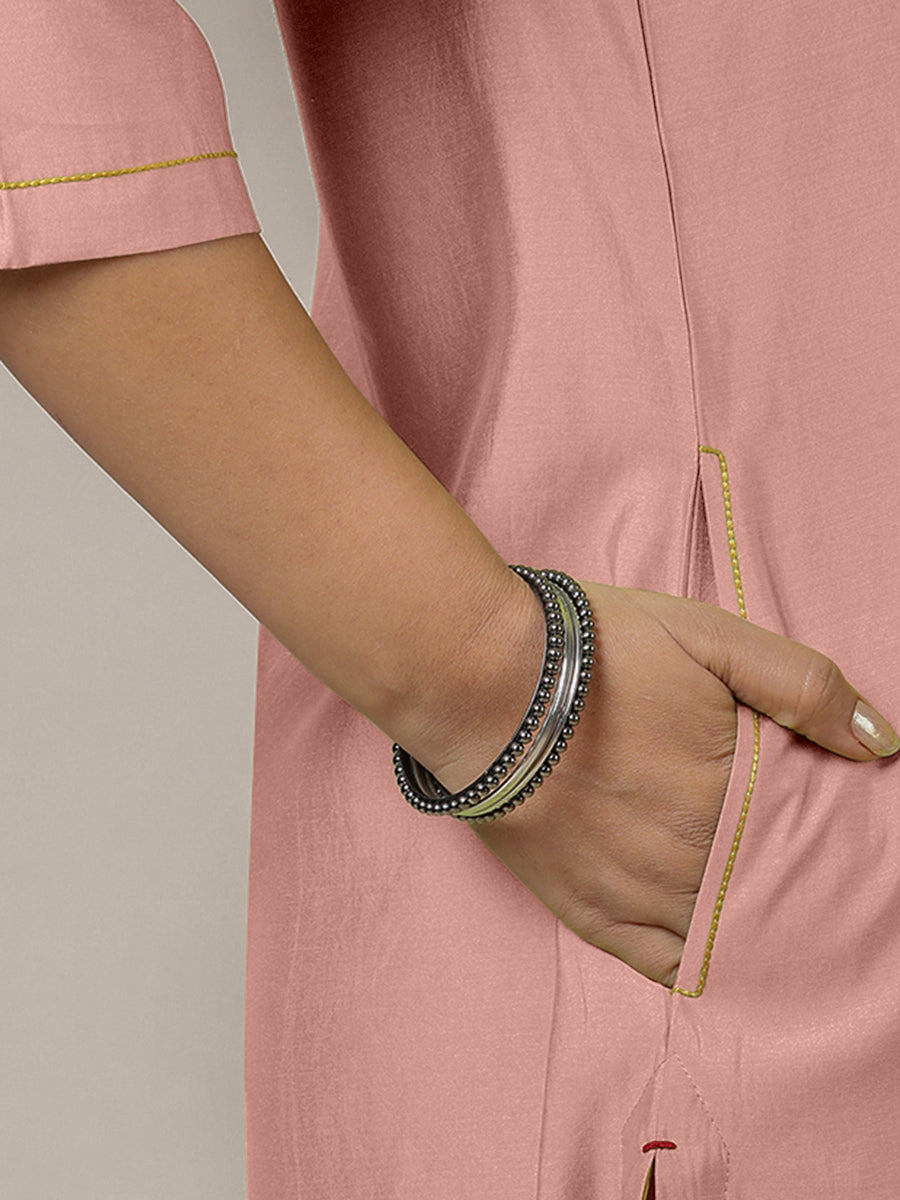 Urvi x Rozaana Kurta, in Pink Viscose, featuring three quarter sleeves and round neckline, made for daily & work (view 4).