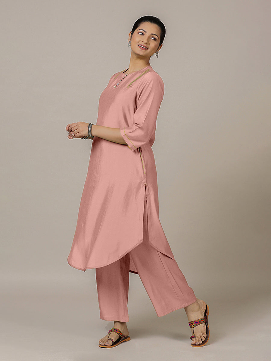 Urvi x Rozaana Kurta, in Pink Viscose, featuring three quarter sleeves and round neckline, made for daily & work (view 6).