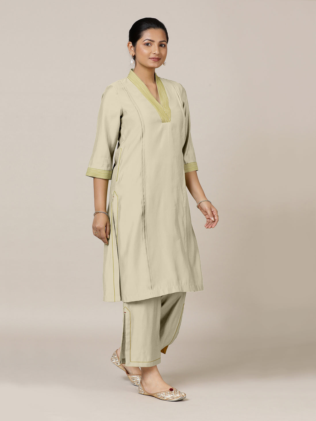 Vanya x Rozaana Kurta, in Cream Viscose, featuring three quarter sleeves and band collar neckline, made for daily & work.