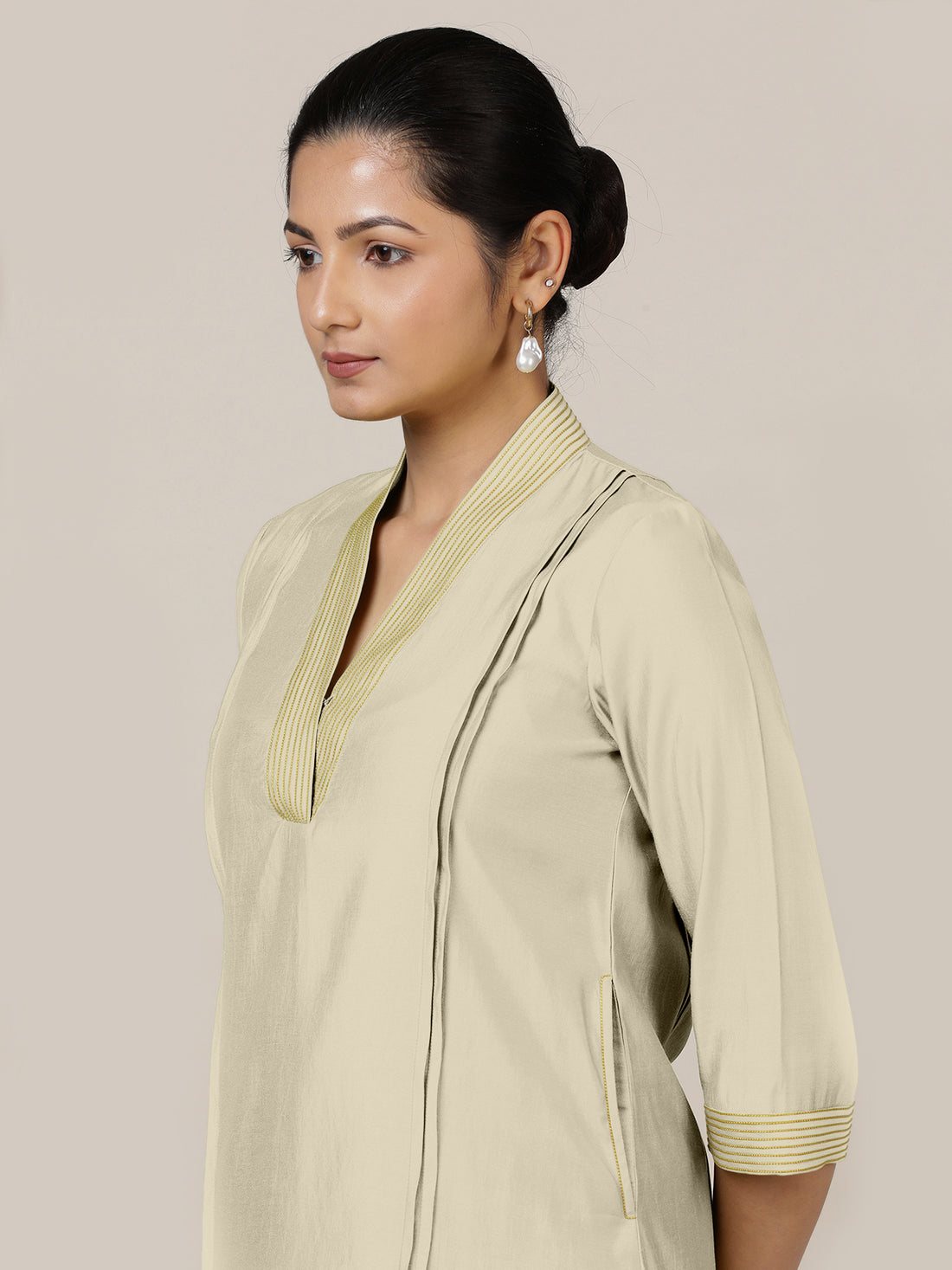 Vanya x Rozaana Kurta, in Cream Viscose, featuring three quarter sleeves and band collar neckline, made for daily & work.
