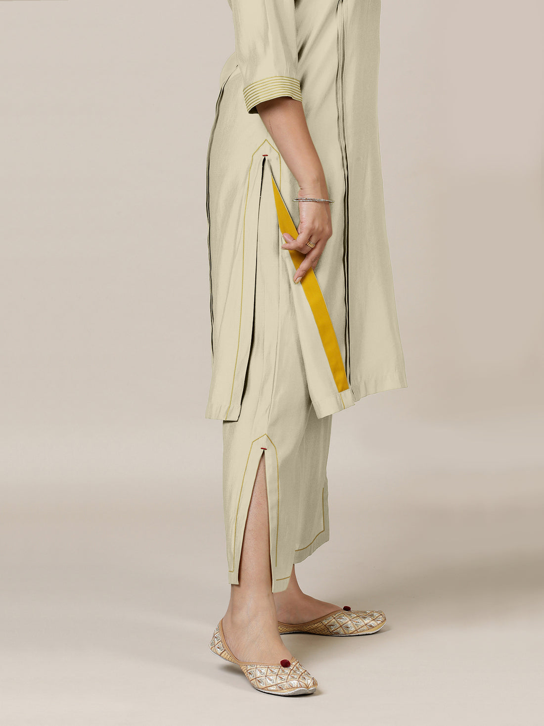 Vanya x Rozaana Kurta, in Cream Viscose, featuring three quarter sleeves and band collar neckline, made for daily & work.