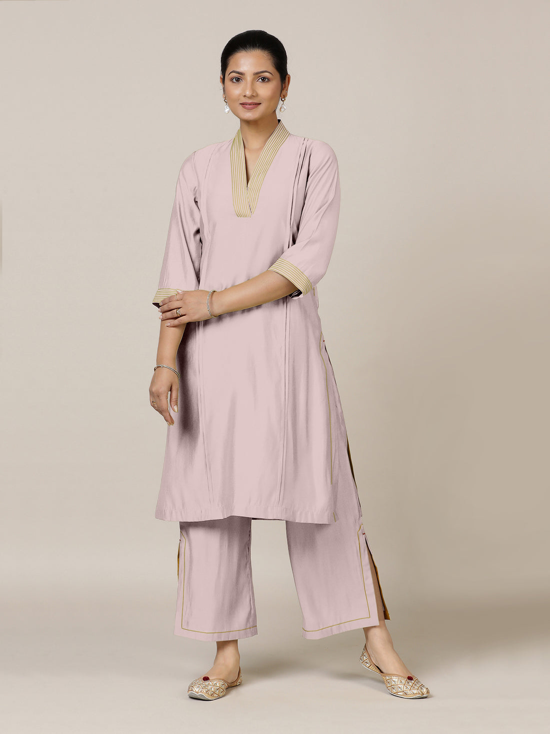 Vanya x Rozaana Kurta, in Purple Viscose, featuring three quarter sleeves and band collar neckline, made for daily & work.