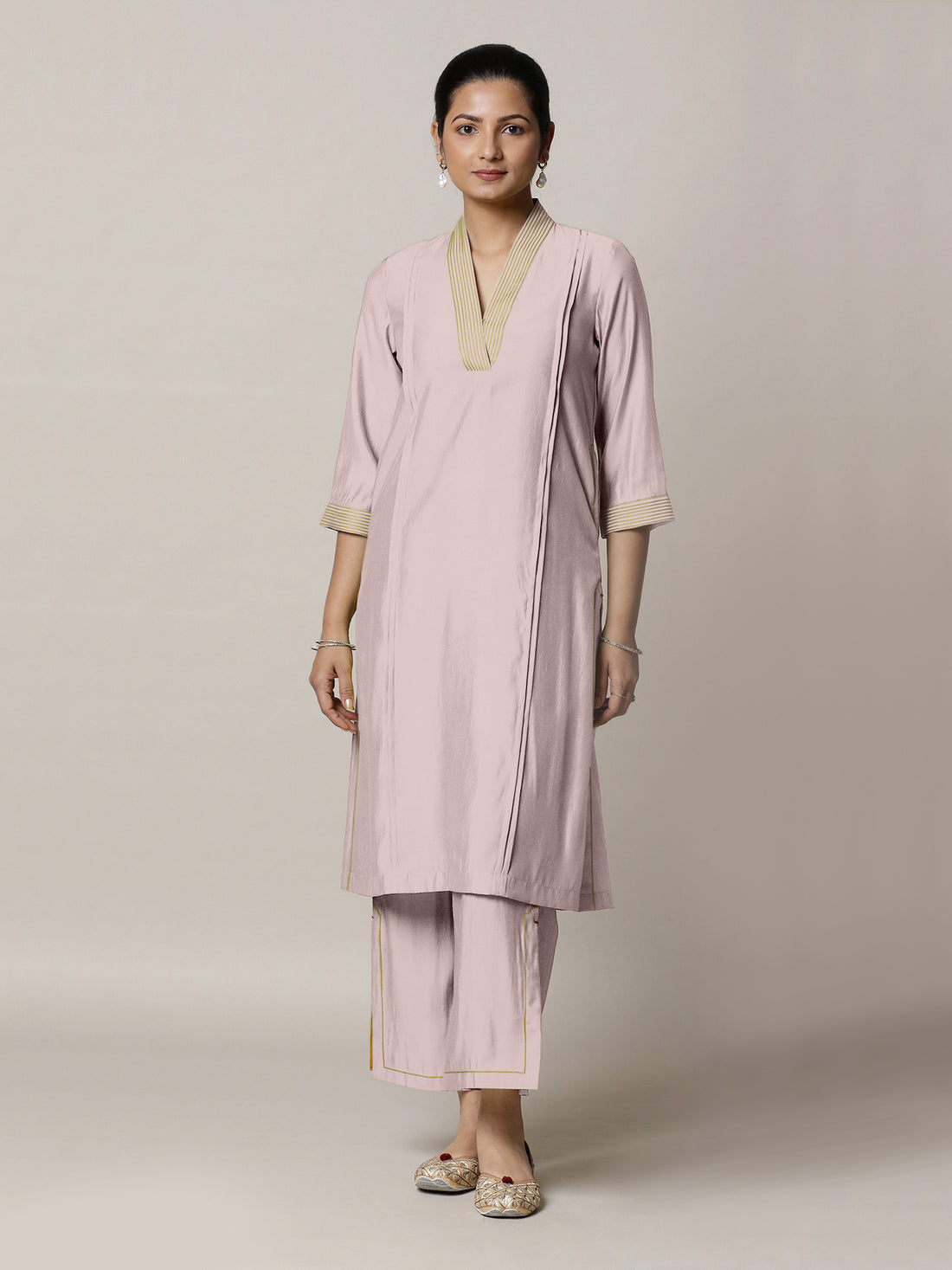 Vanya x Rozaana Kurta, in Purple Viscose, featuring three quarter sleeves and band collar neckline, made for daily & work.