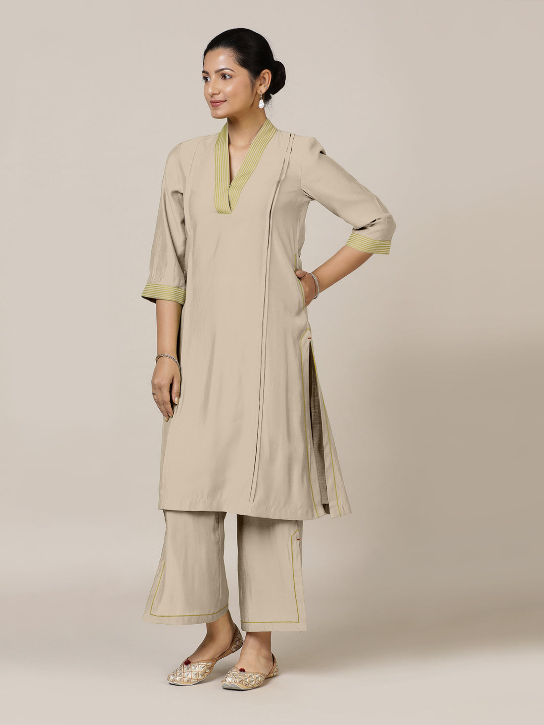 Vanya x Rozaana Kurta, in Grey Viscose, featuring three quarter sleeves and band collar neckline, made for daily & work.