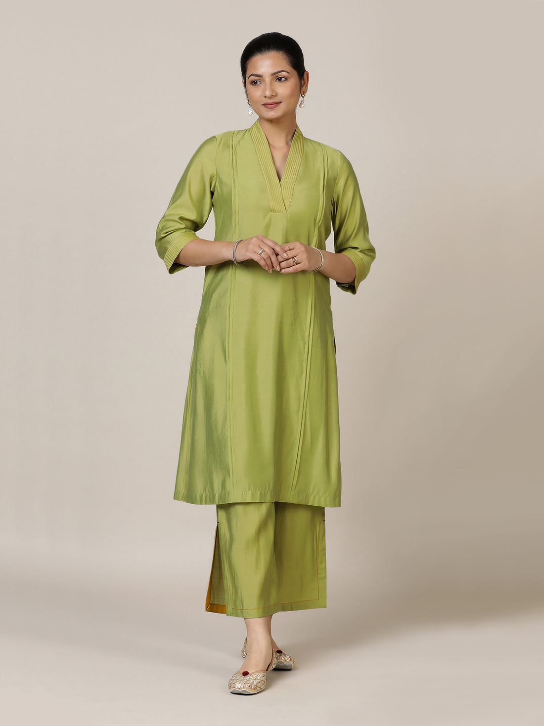 Vanya x Rozaana Kurta, in Green Viscose, featuring three quarter sleeves and overlap v-neckline, made for daily & work.