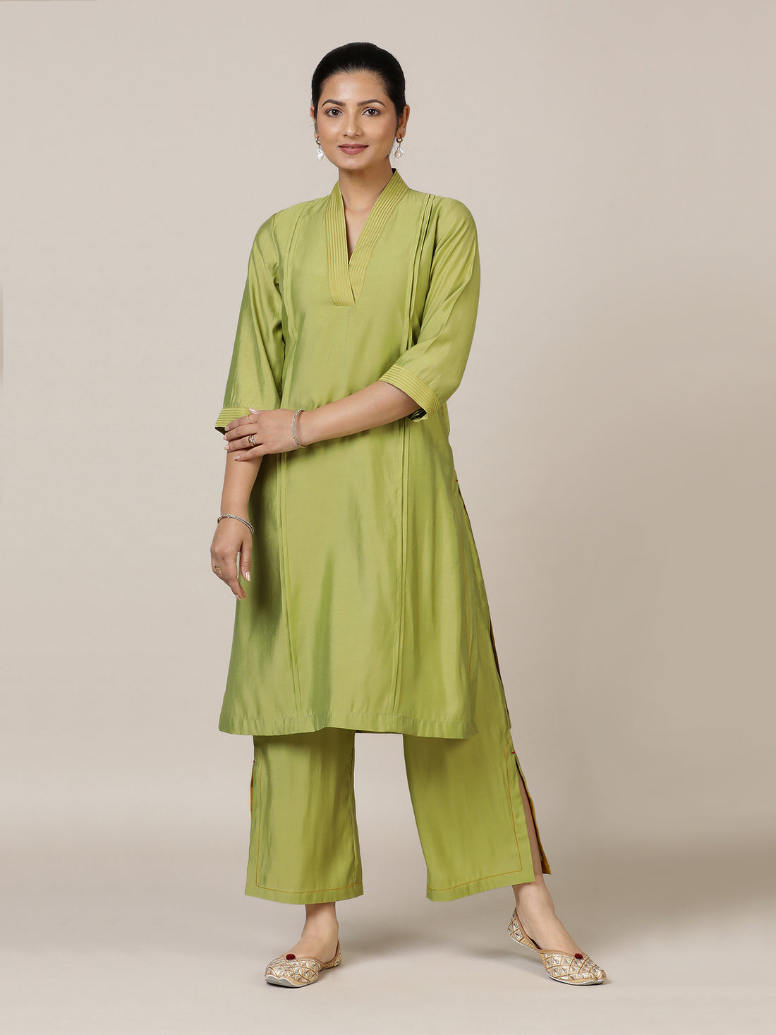 Vanya x Rozaana Kurta, in Green Viscose, featuring three quarter sleeves and overlap v-neckline, made for daily & work (view 6).