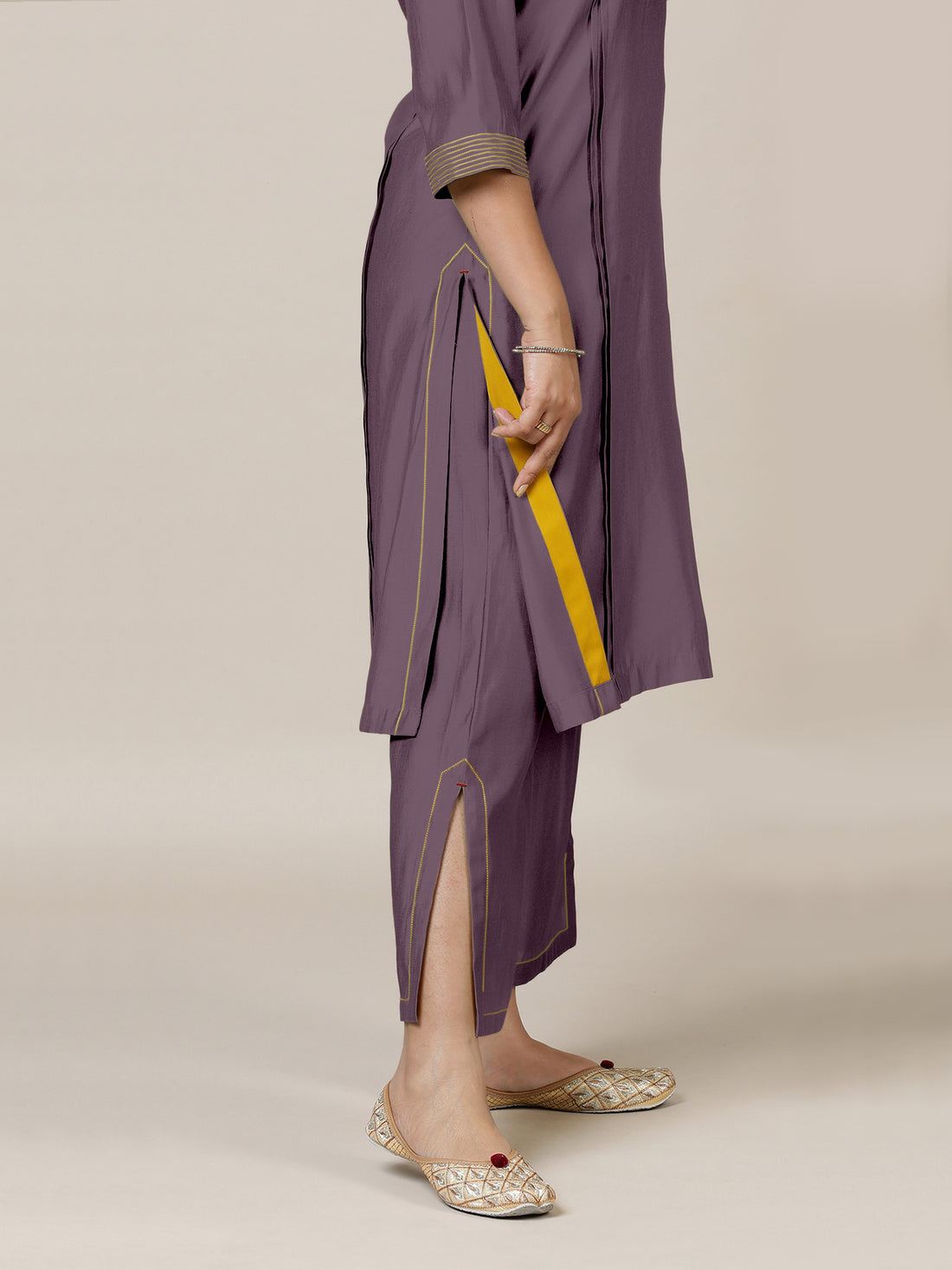 Vanya x Rozaana Kurta, in Purple Viscose, featuring three quarter sleeves and band collar neckline, made for daily & work.