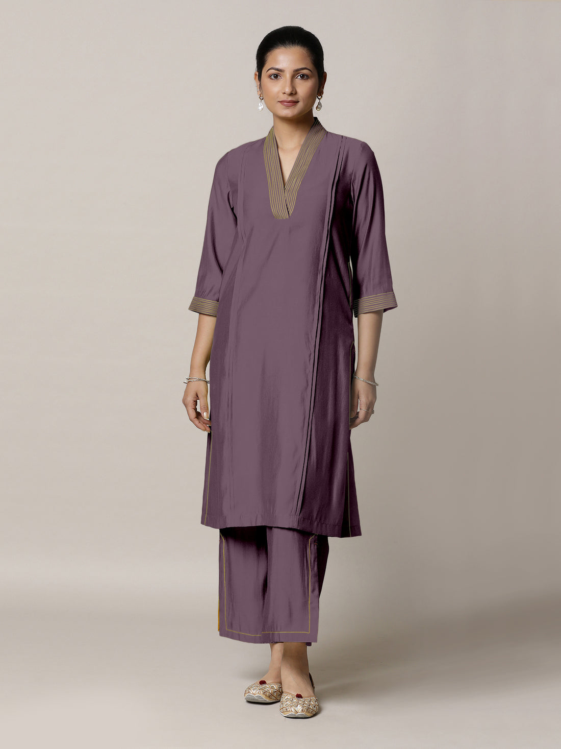 Vanya x Rozaana Kurta, in Purple Viscose, featuring three quarter sleeves and band collar neckline, made for daily & work.