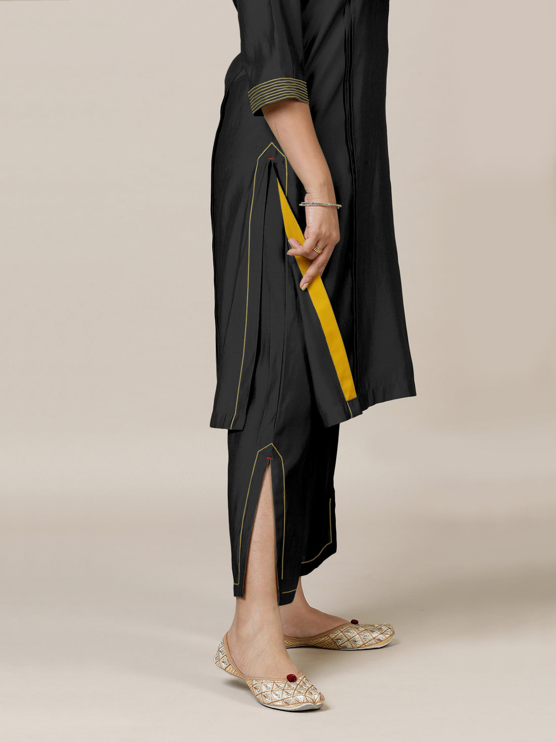 Vanya x Rozaana Kurta, in Black Viscose, featuring three quarter sleeves and band collar neckline, made for daily & work.
