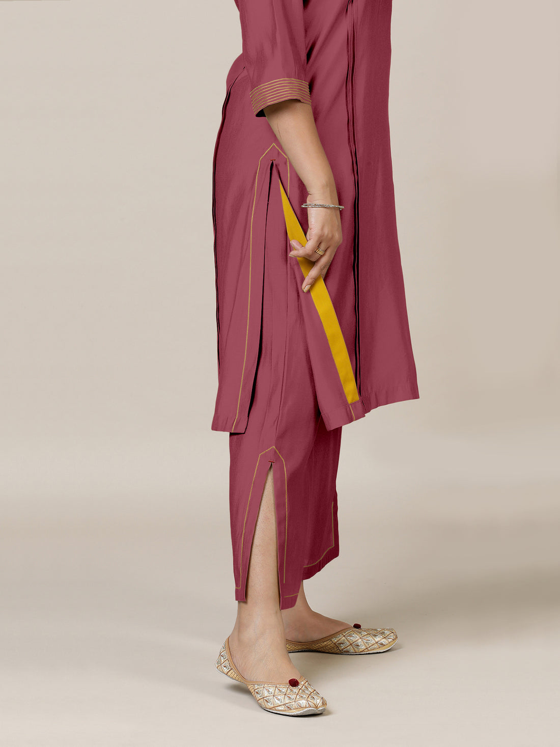 Vanya x Rozaana Kurta, in Pink Viscose, featuring three quarter sleeves and band collar neckline, made for daily & work.