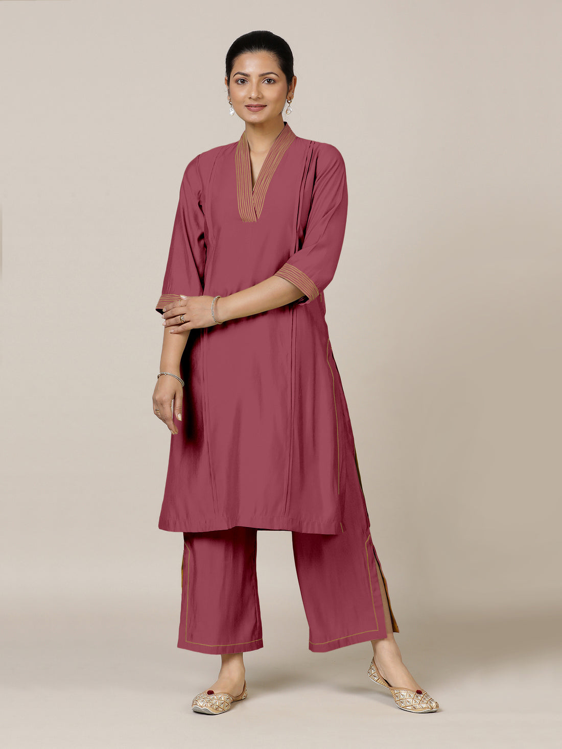 Vanya x Rozaana Kurta, in Pink Viscose, featuring three quarter sleeves and band collar neckline, made for daily & work.
