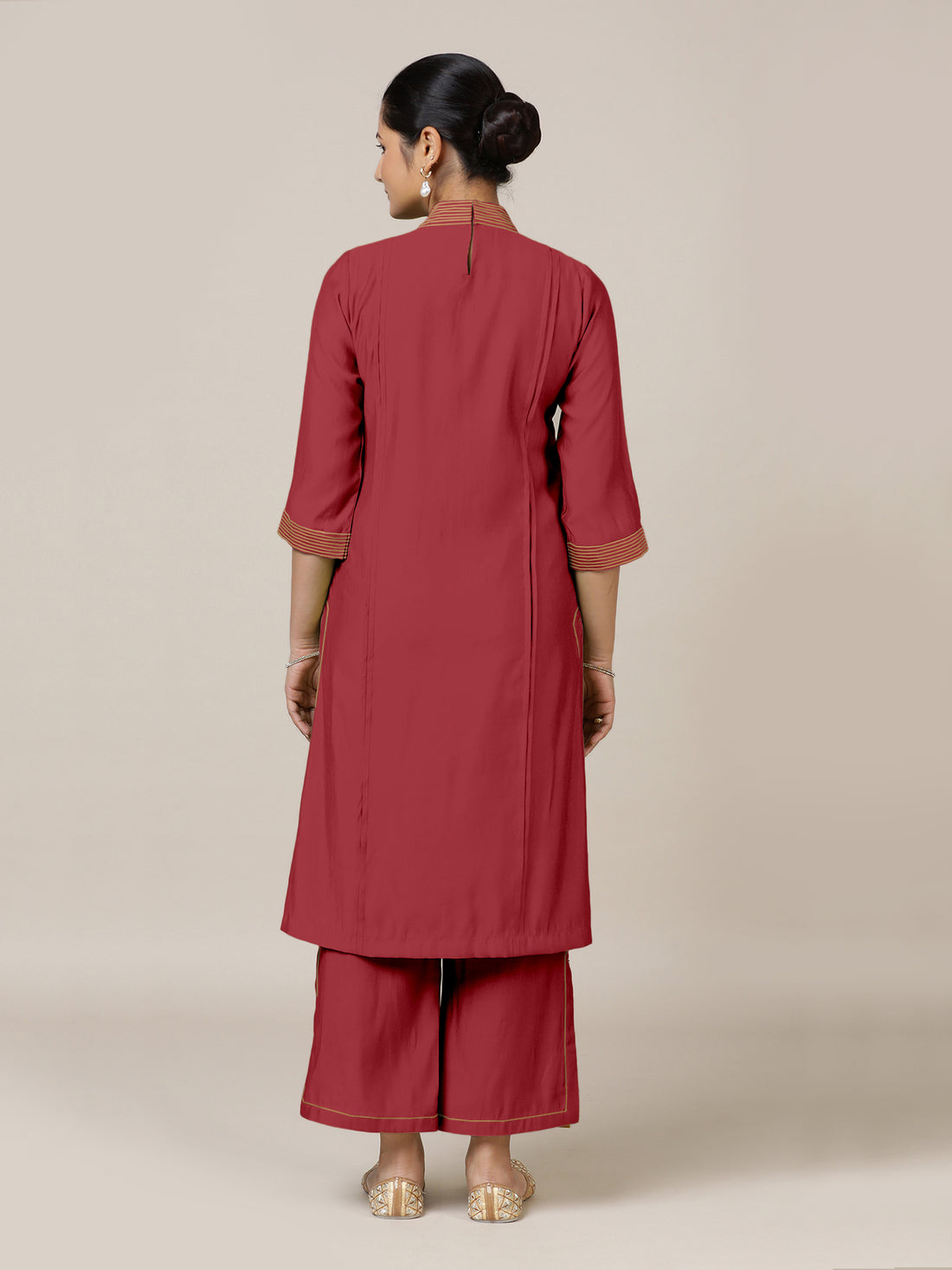 Vanya x Rozaana Kurta, in Red Viscose, featuring three quarter sleeves and band collar neckline, made for daily & work (view 2).
