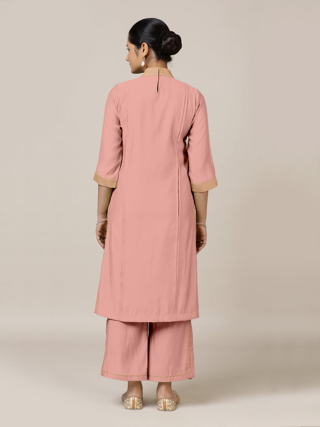 Vanya x Rozaana Kurta, in Pink Viscose, featuring three quarter sleeves and band collar neckline, made for daily & work.