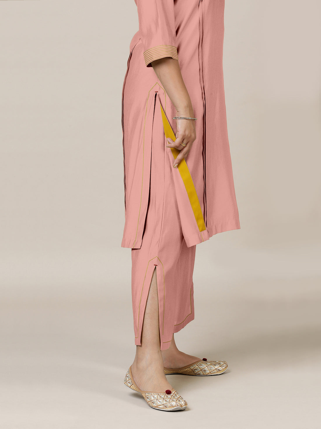 Vanya x Rozaana Kurta, in Pink Viscose, featuring three quarter sleeves and band collar neckline, made for daily & work.