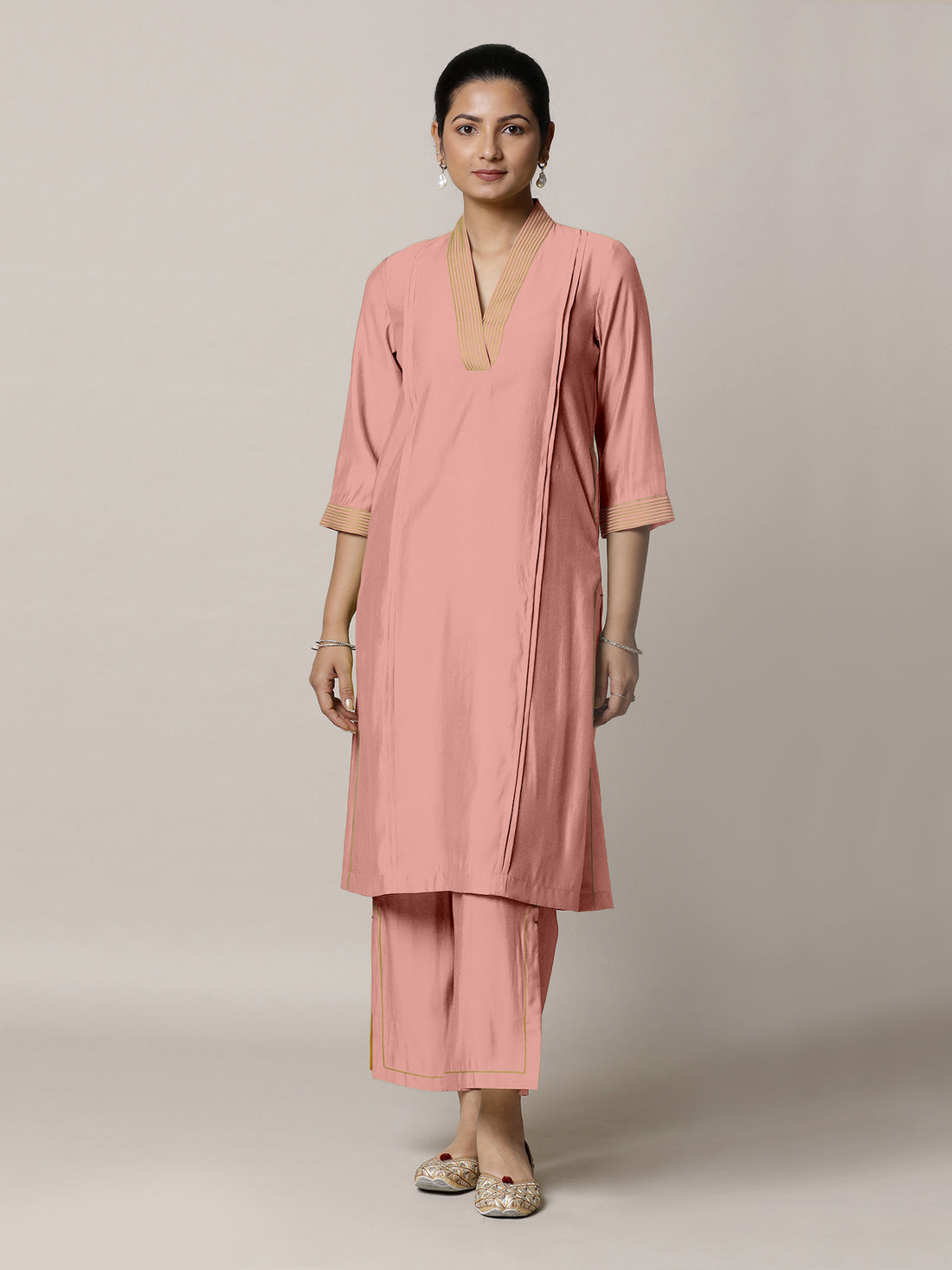 Vanya x Rozaana Kurta, in Pink Viscose, featuring three quarter sleeves and band collar neckline, made for daily & work.