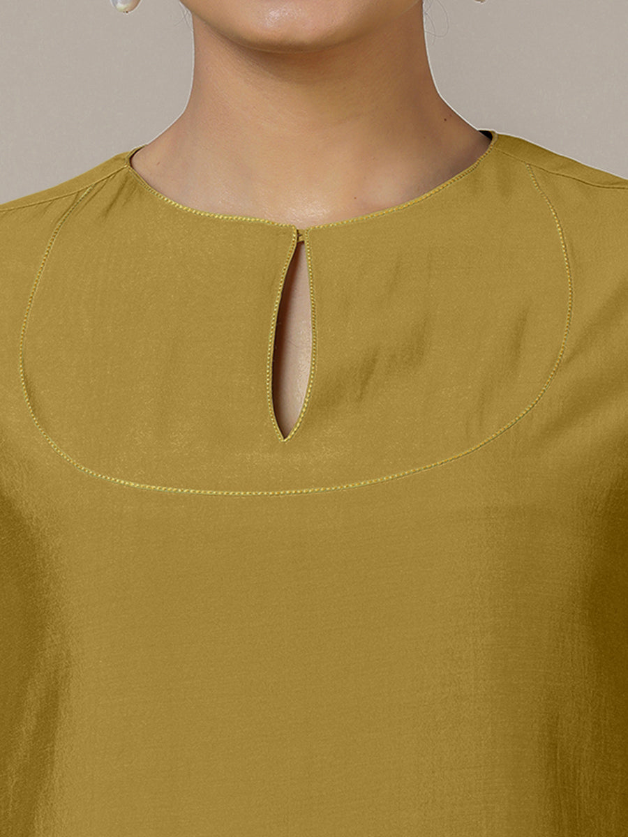 Zoya x Rozaana Kurta, in Yellow Viscose, featuring three quarter sleeves and keyhole neckline, made for daily & work (view 3).