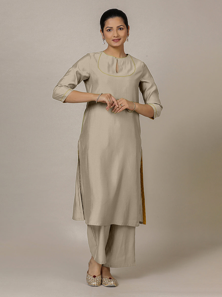 Zoya x Rozaana Kurta, in Grey Viscose, featuring three quarter sleeves and keyhole neckline, made for daily & work (view 7).