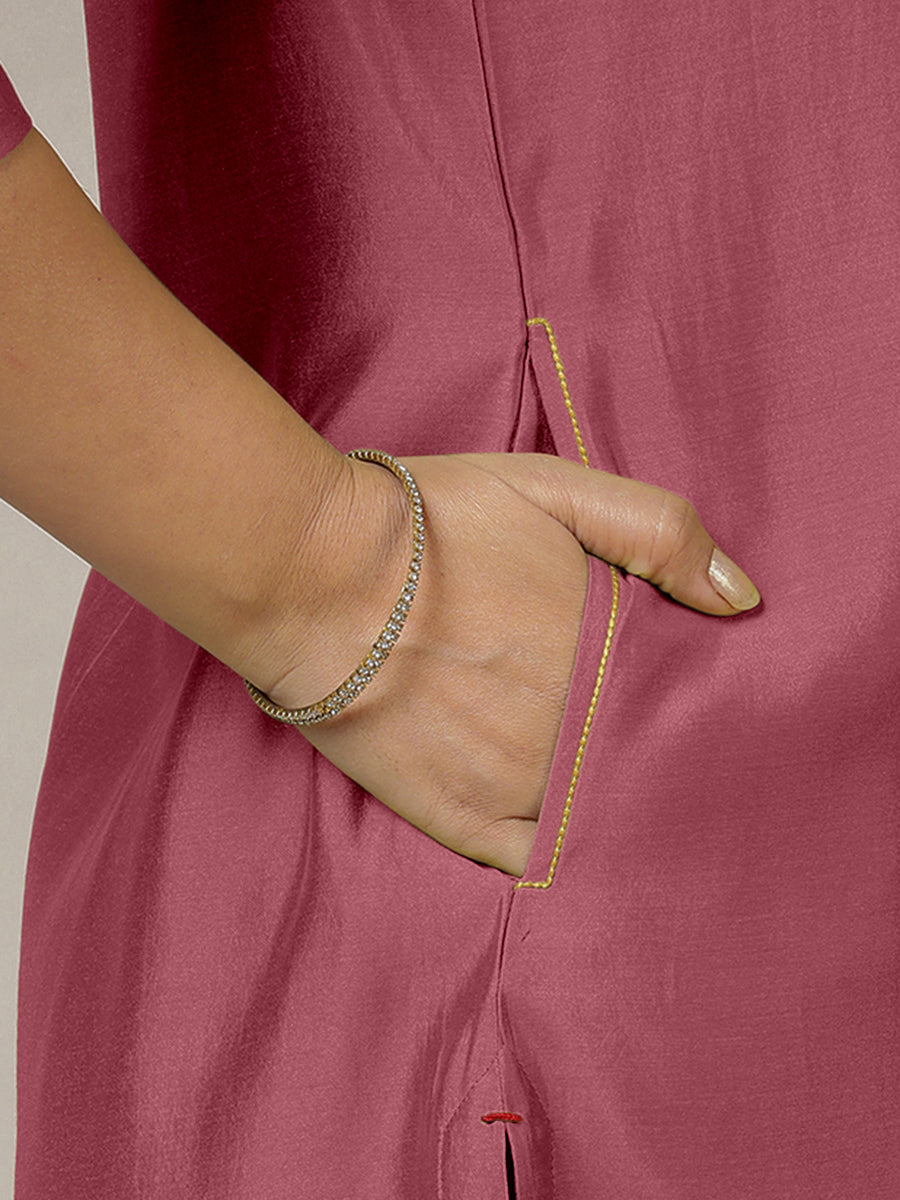 Zoya x Rozaana Kurta, in Pink Viscose, featuring three quarter sleeves and keyhole neckline, made for daily & work (view 4).