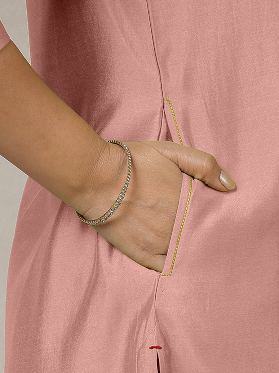 Zoya x Rozaana Kurta, in Pink Viscose, featuring three quarter sleeves and keyhole neckline, made for daily & work (view 4).