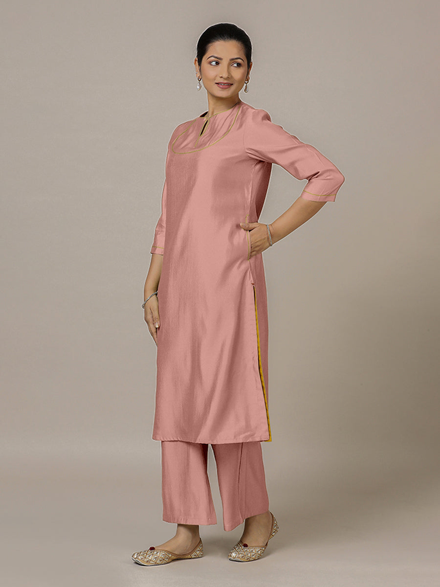 Zoya x Rozaana Kurta, in Pink Viscose, featuring three quarter sleeves and keyhole neckline, made for daily & work (view 7).