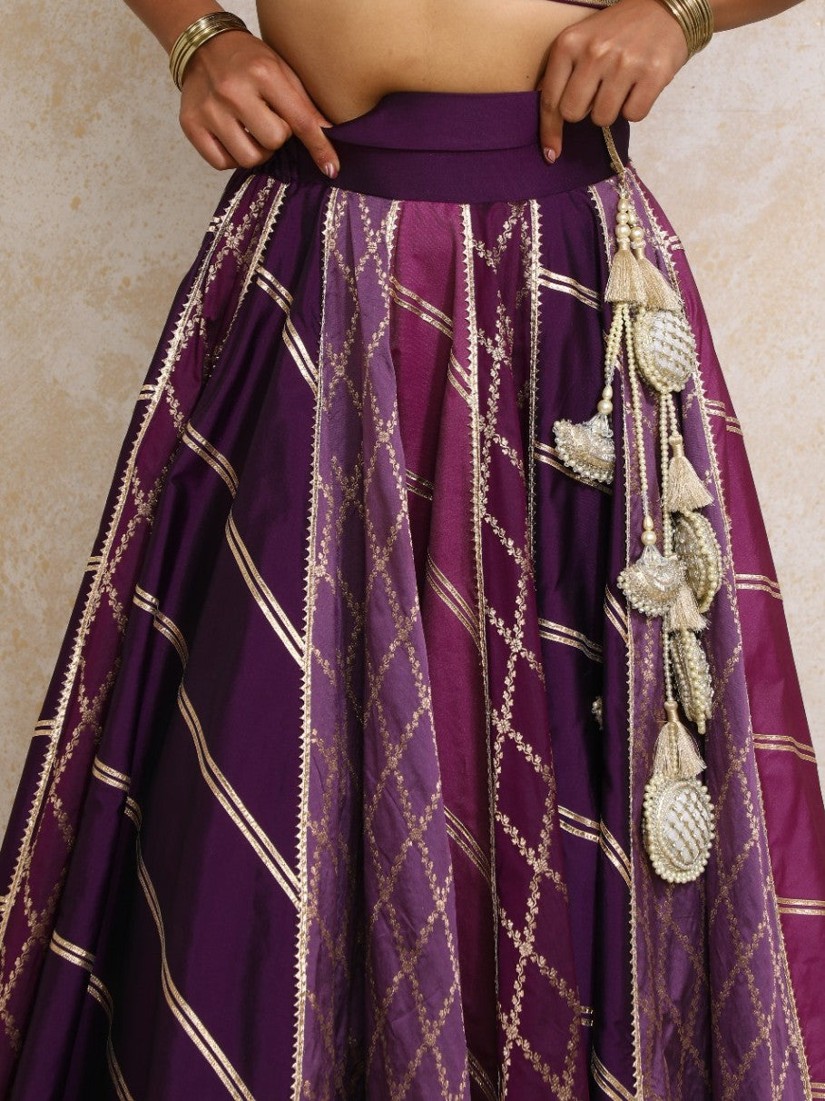 Afsana x Tyohaar Lehenga Set, in Purple Viscose Silk Brocade, featuring elbow sleeves and jewel neckline (view 5).