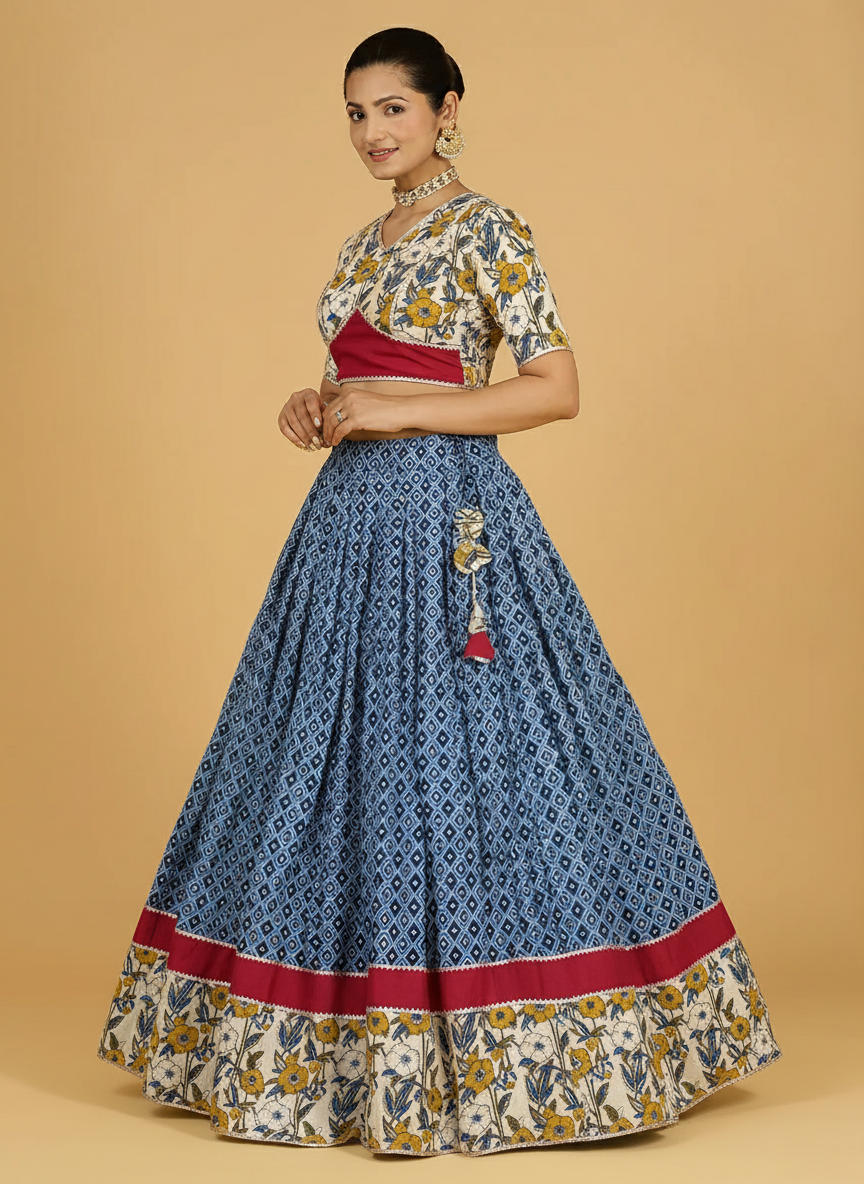 Amba x Tyohaar Lehenga Set, in Blue 100% Cotton - Block Printed, featuring elbow sleeves and v-neckline (view 2).