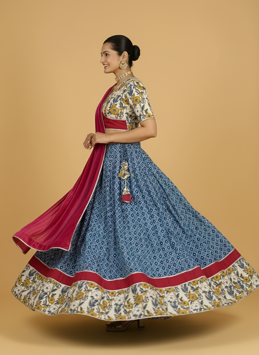 Amba x Tyohaar Lehenga Set, in Blue 100% Cotton - Block Printed, featuring elbow sleeves and v-neckline (view 7).