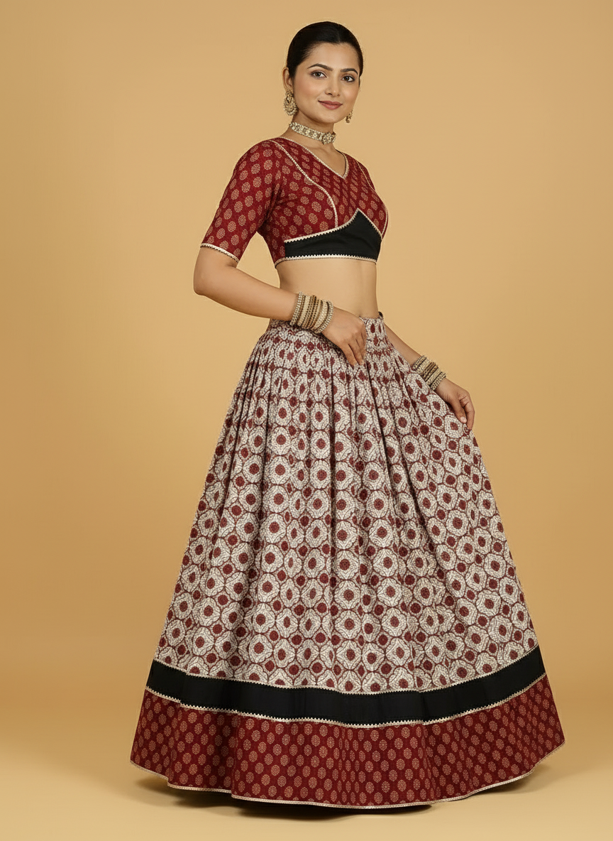 Chandrak x Tyohaar Lehenga Set, in Red 100% Cotton - Block Printed, featuring elbow sleeves and v-neckline (view 5).