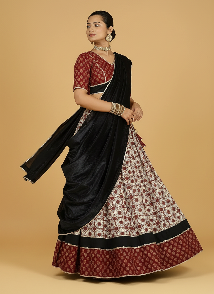 Chandrak x Tyohaar Lehenga Set, in Red 100% Cotton - Block Printed, featuring elbow sleeves and v-neckline (view 6).