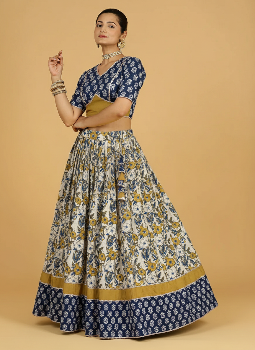 Devan x Tyohaar | Blue & Green Handblock Printed FlareFit™ Lehenga Set with Dupatta
