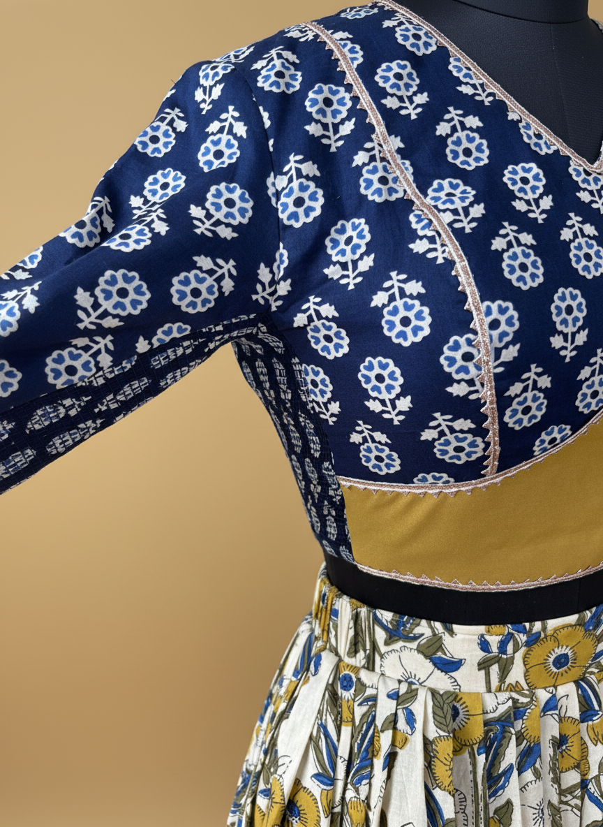 Devan x Tyohaar Lehenga Set, in Blue 100% Cotton - Block Printed, featuring elbow sleeves and v-neckline (view 4).