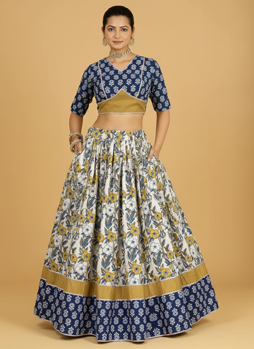 Devan x Tyohaar Lehenga Set, in Blue 100% Cotton - Block Printed, featuring elbow sleeves and v-neckline (view 7).