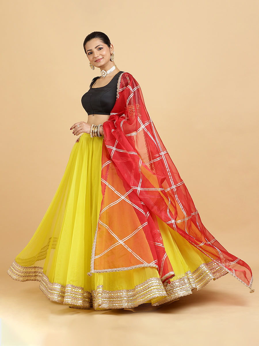 Farah Aziza 4-Pc Lehenga Set x Tyohaar | Lemon Yellow Lehenga, Charcoal Black Blouse with Leela Red Dupatta and Cancan Skirt