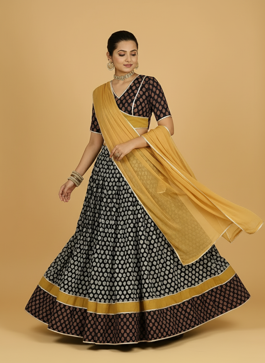 Gaurav x Tyohaar Lehenga Set, in Black 100% Cotton - Block Printed, featuring elbow sleeves and v-neckline.